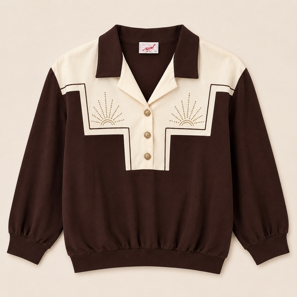 Vintage Graff Petite Western Polo Top Brown Cream Sunburst Celestial Cowgirl S